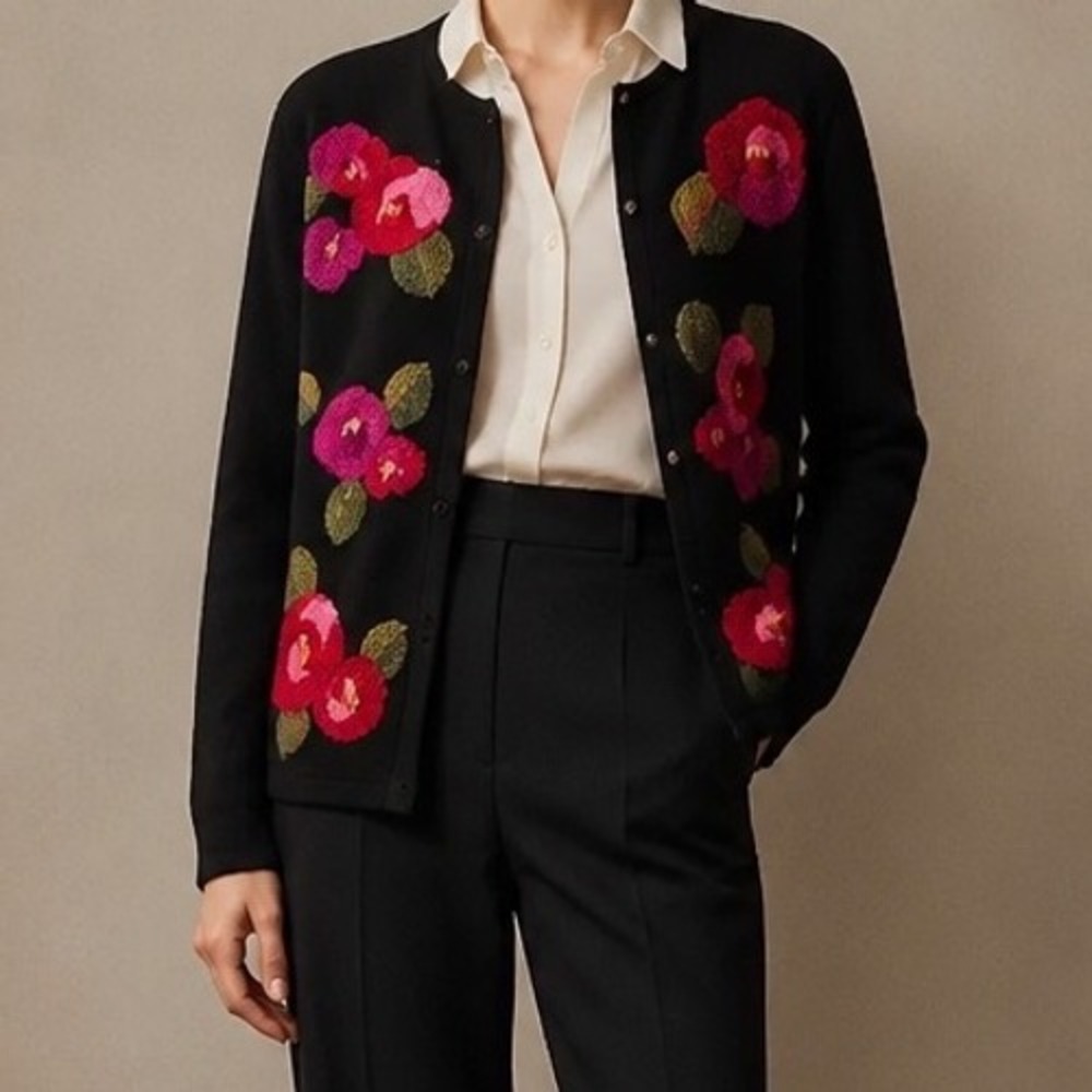 Vintage Susan Bristol Black Hand Embroidered Floral  Cardigan XL Ramie Cotton